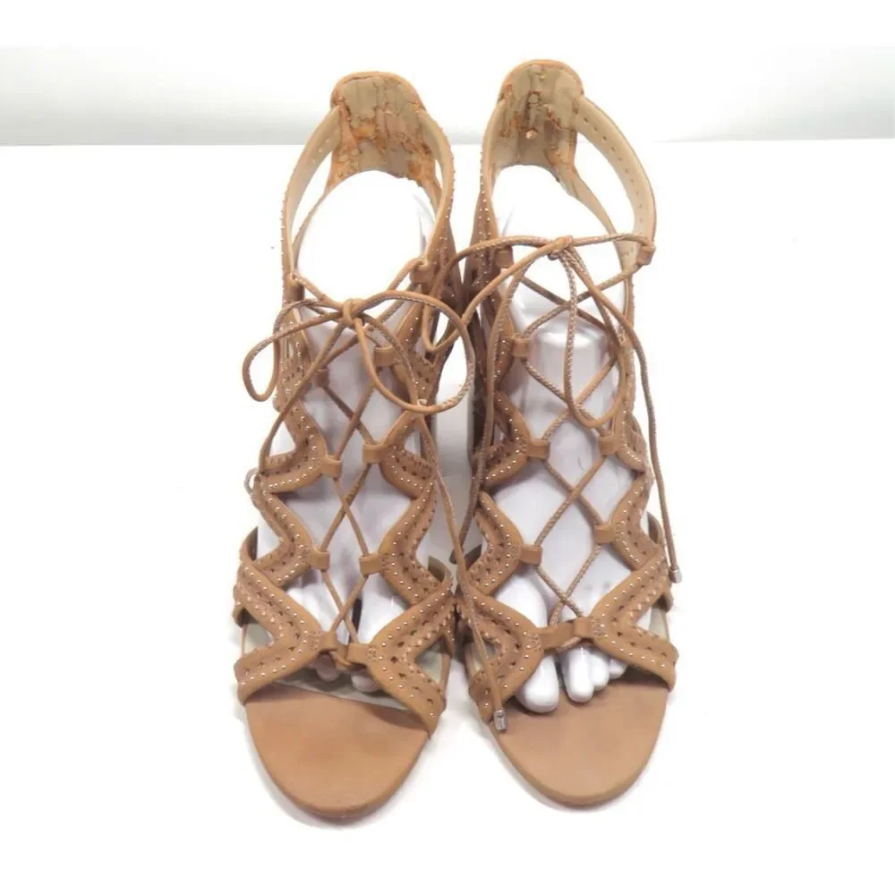 1 State Is Kayley Caged Brown Leather Sandals Studded Block Heel Laces Women 11